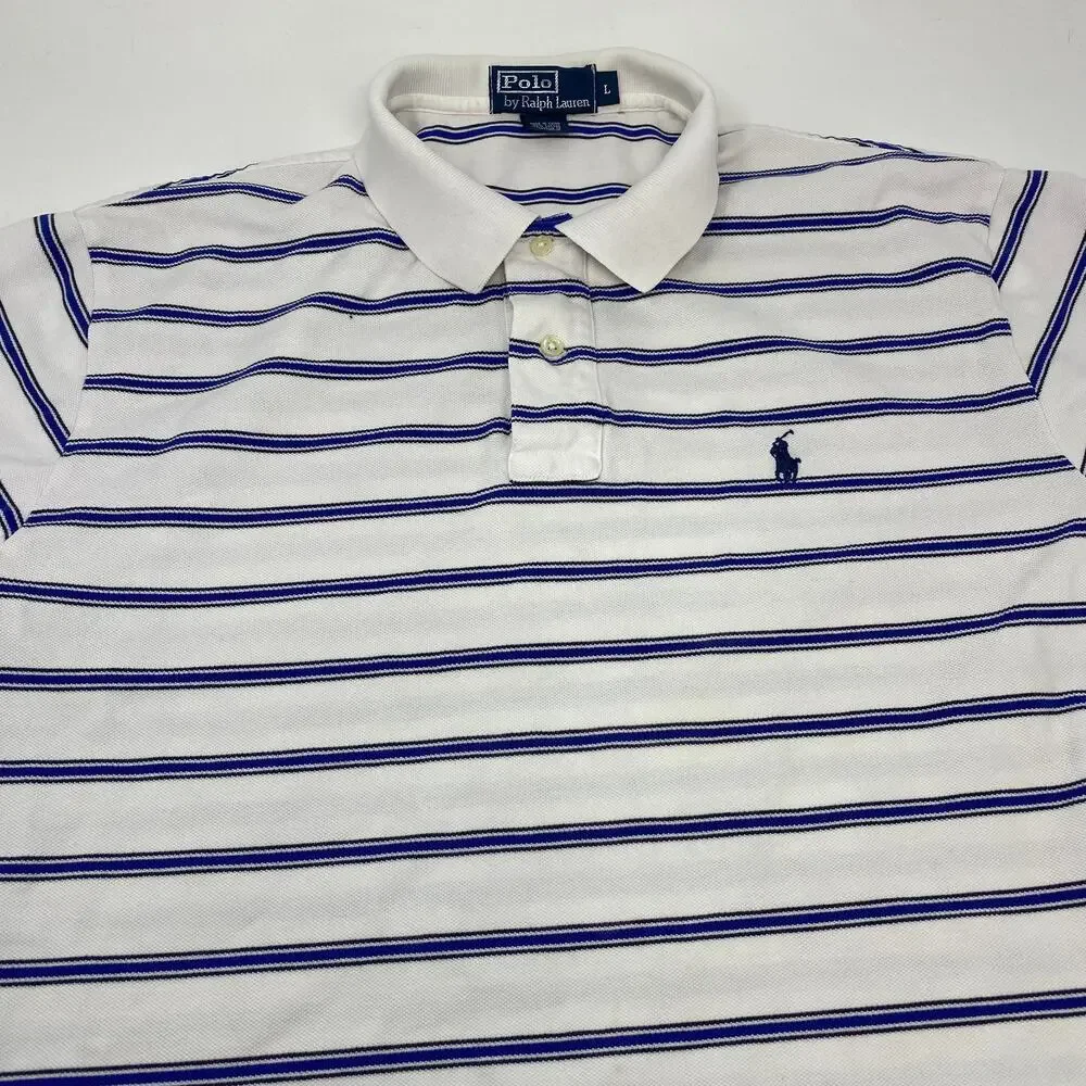 Polo Ralph‎ Lauren Large White Blue Striped Short Sleeve Cotton Polo Shirt